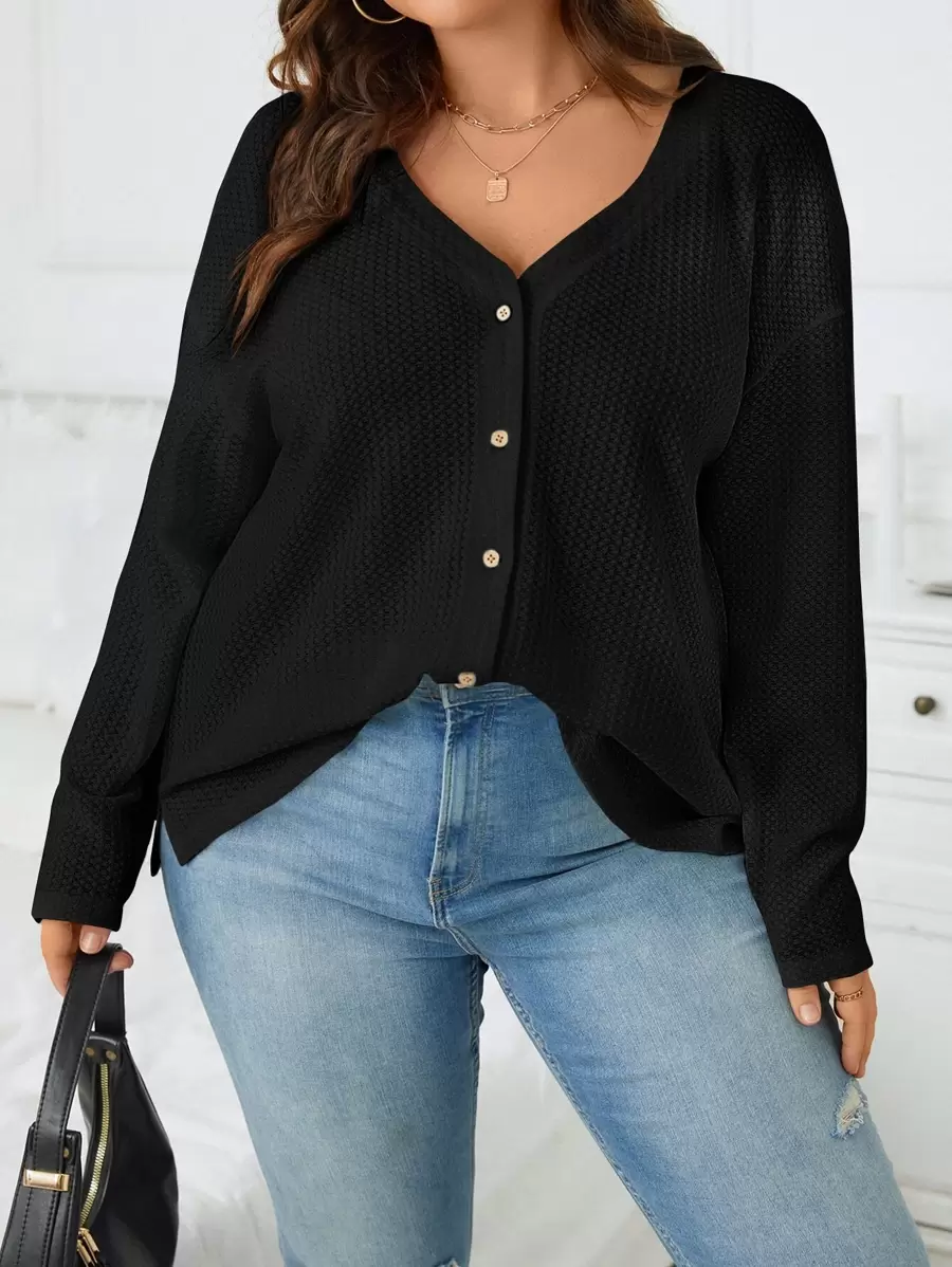 SHEIN Essnce Plus Drop Shoulder Waffle Knit Tee Spring To Summer - Black - View 1