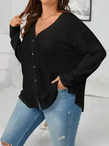 SHEIN Essnce Plus Drop Shoulder Waffle Knit Tee Spring To Summer - Black - View 3