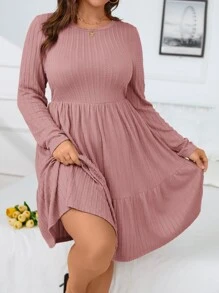 SHEIN Clasi Plus Ribbed Knit Ruffle Hem Dress - Dusty Pink - View 5