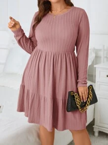 SHEIN Clasi Plus Ribbed Knit Ruffle Hem Dress - Dusty Pink - View 6