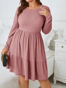 SHEIN Clasi Plus Ribbed Knit Ruffle Hem Dress - Dusty Pink - View 7
