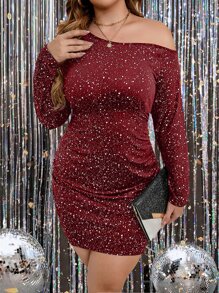 SHEIN Clasi Plus Allover Print Asymmetrical Neck Ruched Bodycon Dress - Burgundy - View 6