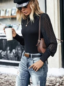 SHEIN LUNE Contrast Lace Lantern Sleeve Mock Neck Top - Black - View 6