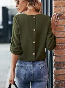 SHEIN LUNE Button Back Roll Tab Sleeve Blouse - Army Green - View 1