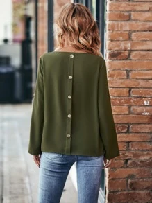SHEIN LUNE Button Back Roll Tab Sleeve Blouse - Army Green - View 5