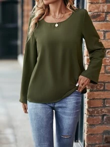 SHEIN LUNE Button Back Roll Tab Sleeve Blouse - Army Green - View 6