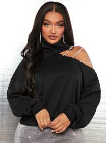 SHEIN SXY Rhinestone Chain Cut Out Asymmetrical Shoulder Sweatshirt - Black - View 1