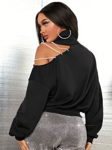 SHEIN SXY Rhinestone Chain Cut Out Asymmetrical Shoulder Sweatshirt - Black - View 2