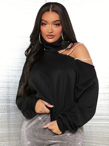 SHEIN SXY Rhinestone Chain Cut Out Asymmetrical Shoulder Sweatshirt - Black - View 4