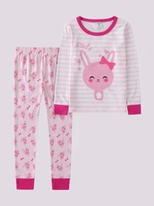 Toddler Girls Striped & Cartoon Graphic Contrast Trim Snug Fit PJ Set - Multicolor - View 1