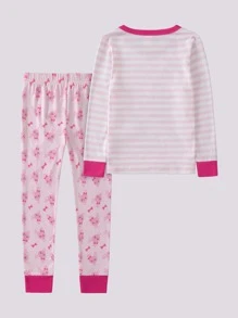 Toddler Girls Striped & Cartoon Graphic Contrast Trim Snug Fit PJ Set - Multicolor - View 2