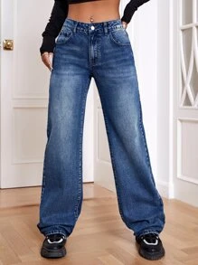 SHEIN EZwear Slant Pocket Wide Leg Jeans Baggy Jeans - Dark Wash - View 1