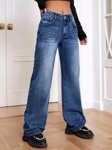 SHEIN EZwear Slant Pocket Wide Leg Jeans Baggy Jeans - Dark Wash - View 5
