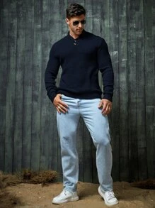 GENTILAND Hombres Jersey con botón delantero - Azul Marino - Ver 3