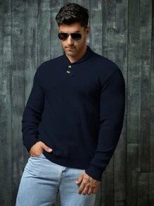 GENTILAND Hombres Jersey con botón delantero - Azul Marino - Ver 4