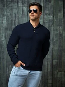 GENTILAND Hombres Jersey con botón delantero - Azul Marino - Ver 5