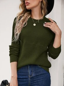 SHEIN Essnce Round Neck Batwing Sleeve Jumper - Army Green - View 6