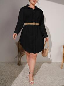 SHEIN EZwear Đầm Plus Size Nút Túi màu trơn Giải trí - màu đen - Xem 4