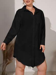 SHEIN EZwear Đầm Plus Size Nút Túi màu trơn Giải trí - màu đen - Xem 5