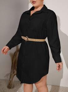 SHEIN EZwear Đầm Plus Size Nút Túi màu trơn Giải trí - màu đen - Xem 6