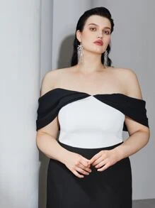 MOTF 大碼雙色一字肩連衣裙 - 黑與白 - 查看 4