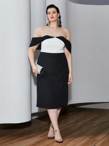 MOTF 大碼雙色一字肩連衣裙 - 黑與白 - 查看 5