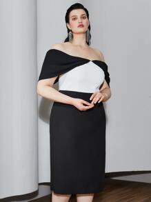 MOTF 大碼雙色一字肩連衣裙 - 黑與白 - 查看 7