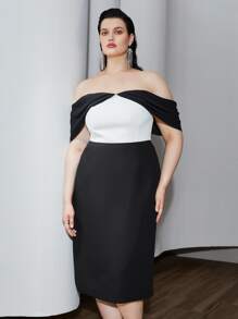 MOTF 大碼雙色一字肩連衣裙 - 黑與白 - 查看 8