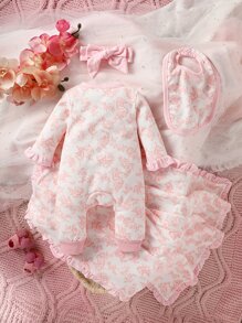 SHEIN Conjunto De Enterizo Con Mangas Acampanadas Y Estampado Floral, Diadema, Babero, Bolsa De Almacenamiento Y Manta Para Bebé Niña Recién Nacida - Blanco - Ver 2