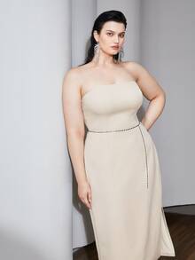 MOTF PLUS CHAIN BELTED FORMAL TUBE DRESS - Apricot - View 3