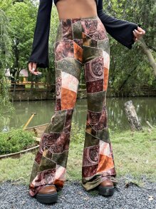 ROMWE PUNK Grunge Patchwork Print Flare Leg Trousers - Multicolor - View 1