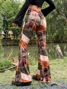 ROMWE PUNK Grunge Patchwork Print Flare Leg Trousers - Multicolor - View 2