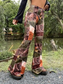 ROMWE PUNK Grunge Patchwork Print Flare Leg Trousers - Multicolor - View 3
