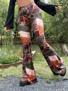 ROMWE PUNK Grunge Patchwork Print Flare Leg Trousers - Multicolor - View 4