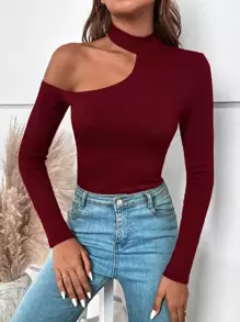 SHEIN BAE Camiseta de cuello asimétrico tejido de canalé - Burdeos - Ver 5
