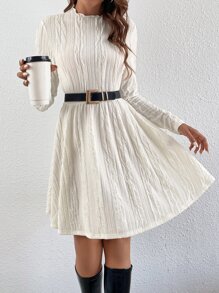 SHEIN Clasi Vestido línea A unicolor de cuello alto sin cinturón - Beis - Ver 3