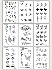 9pcs Butterfly, Flower, Animal Design Small Temporary Tattoo Stickers For Wrist And Other Body Parts - Black - View 1