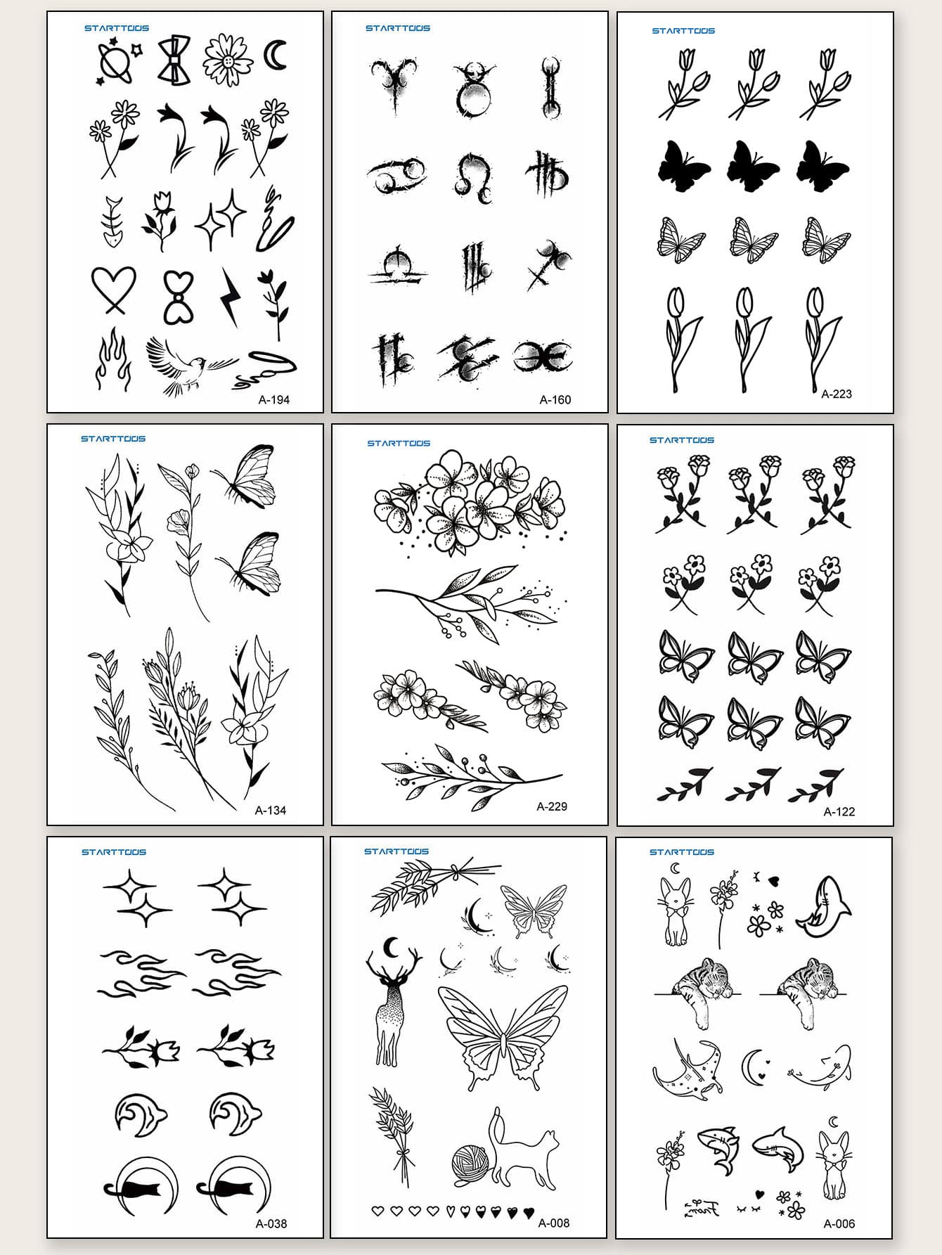 9pcs Butterfly, Flower, Animal Design Small Temporary Tattoo Stickers For Wrist And Other Body Parts - Black - View 1