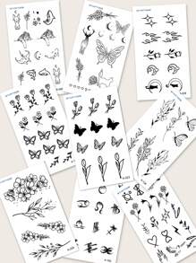 9pcs Butterfly, Flower, Animal Design Small Temporary Tattoo Stickers For Wrist And Other Body Parts - Black - View 6
