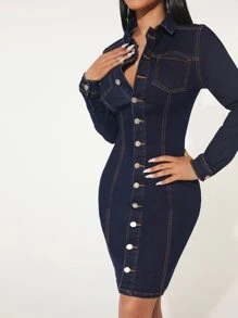 SHEIN SXY 單排釦開襟牛仔裙 - 深色水洗藍 - 查看 1