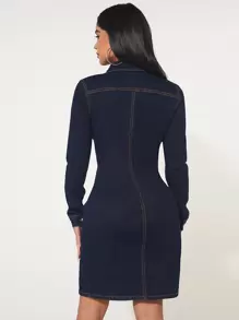 SHEIN SXY 單排釦開襟牛仔裙 - 深色水洗藍 - 查看 2