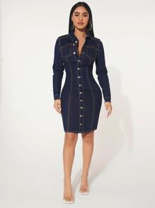 SHEIN SXY 單排釦開襟牛仔裙 - 深色水洗藍 - 查看 4