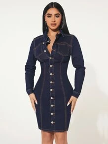 SHEIN SXY 單排釦開襟牛仔裙 - 深色水洗藍 - 查看 5