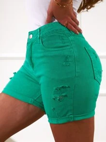 SHE(IN) BRASIL High Waist Roll Up Hem Ripped Denim Shorts - màu xanh lá - Xem 1