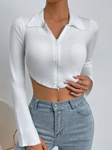 Zip Up Asymmetrical Hem Crop Cardigan - White - View 3