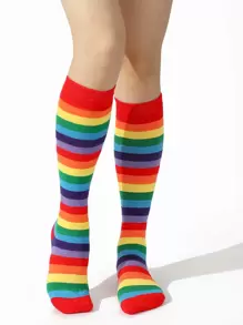 Calcetines altos con patrón de rayas de arcoíris - Multicolor - Ver 1