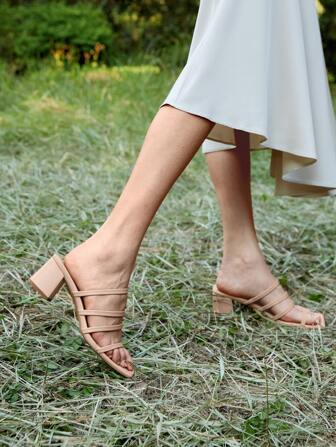 evoluSHEIN Elegantes sandalias de mula de albaricoque para mujer, sandalias de tacón grueso con correa fina múltiple