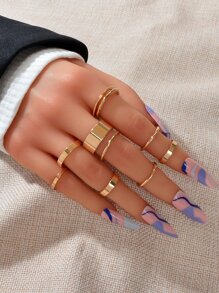 10入組極簡風格素色戒指 - 金黃色 - 查看 1