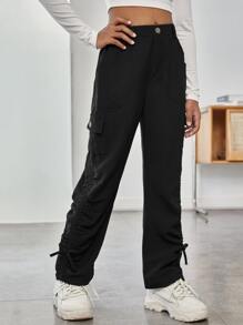 SHEIN Girls Drawstring Side Flap Pocket Cargo Trousers - Black - View 1