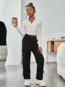 SHEIN Girls Drawstring Side Flap Pocket Cargo Trousers - Black - View 3